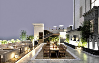 Vista su una terrazza molto raffinata, moderna e ben illuminata di un ristorante